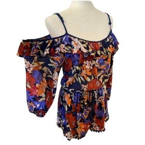 Band of Gypsies Viscose Romper Floral Cold Shoulder Embellished EUC Sz Med